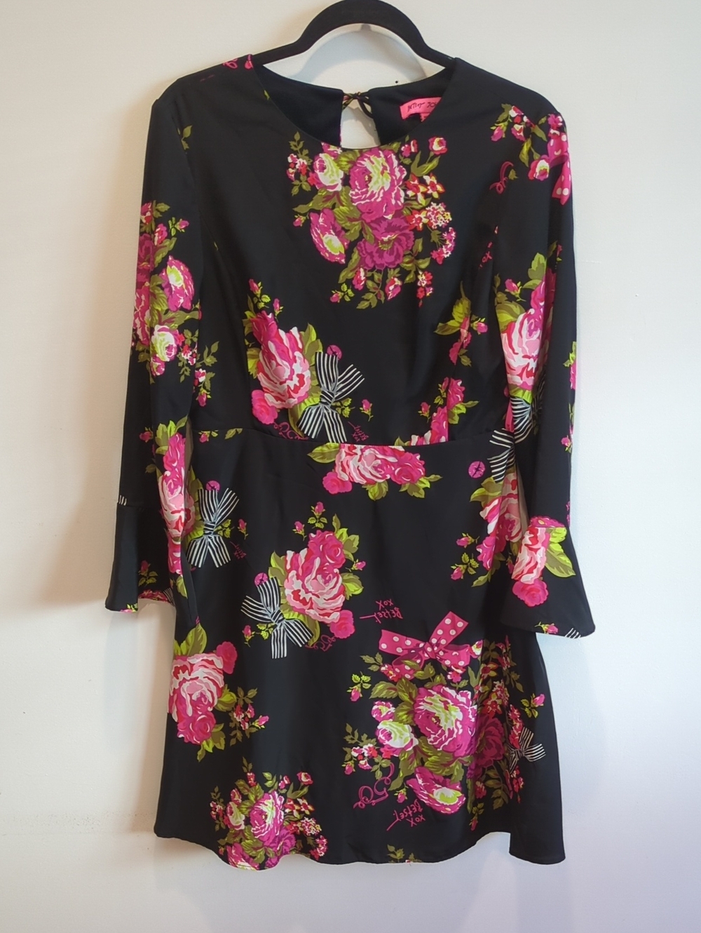 Vintage Y2K Whimsigoth Romantic Betsey Johnson Black Hot Pink Floral Bow Dress 8 - Picture 2 of 11
